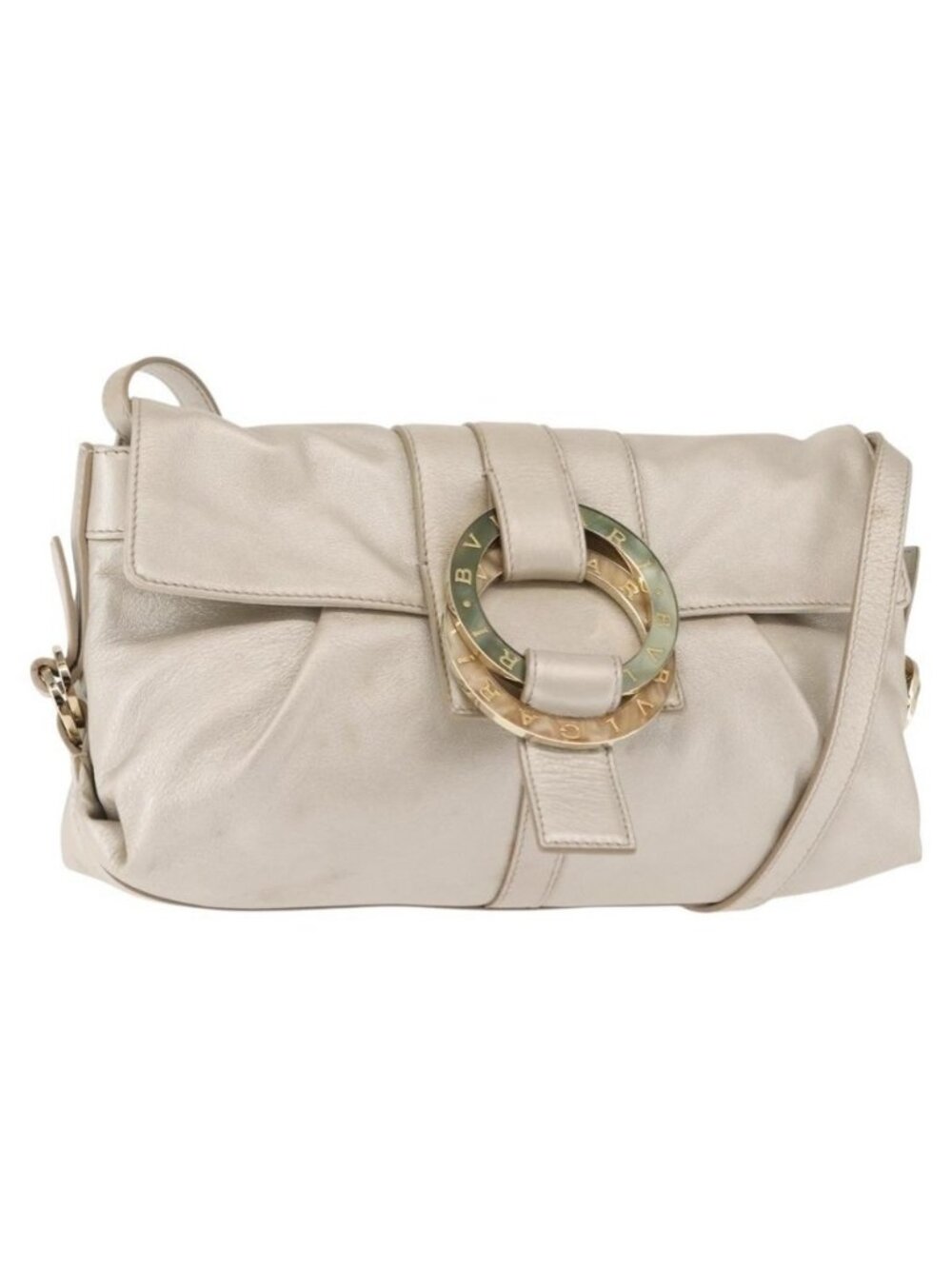Authentic BVLGARI Chandra Shoulder Bag Leather Silver Gold